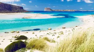 Balos Bay looking out over the islands of Gramvousa and Chania, Crete, Greece