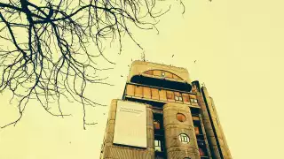 A brutalist tower block in Skopje