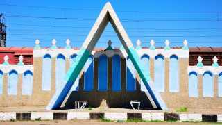 A bus stop with a triangular cover in Uzbekistan
