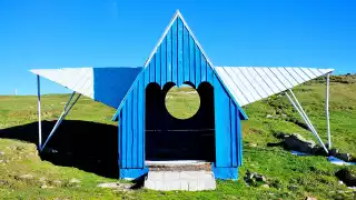 Distinctive wooden bus shelter in Georgia