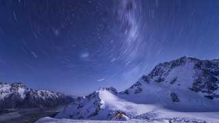 Snowy scene with stars in Mount Cook National Park, New Zealand