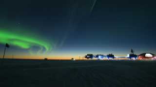 Aurora over ESA research centre on Brunt Ice Shelf, Antarctica