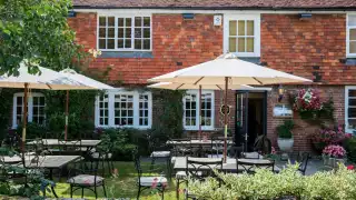 Sunny pub beer garden in Sussex, southeast England