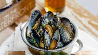 Moules frites and a pint of beer on the waterfront in Exeter