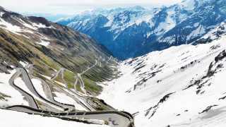 Hairpins bends on a cycle mountain pass in Italy