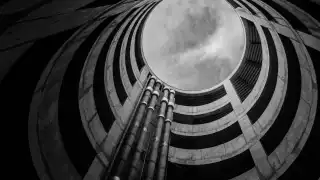 View of the sky from inside a multi-storey car park in the City of London