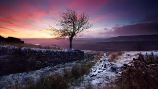 View of a snow-covered valley at sunset