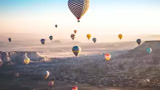 Hot air balloons flying over Cappadocia, Turkey