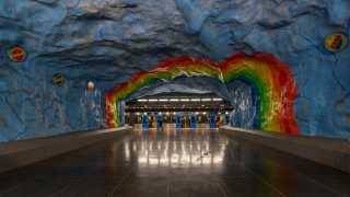 Rainbow painting at Stadion station, Stockholm metro