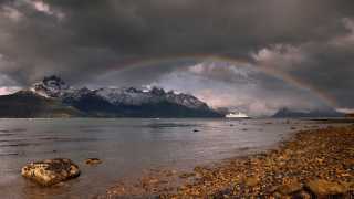 Rainbow over a fjord in Tierra del Fuego, Patagonia