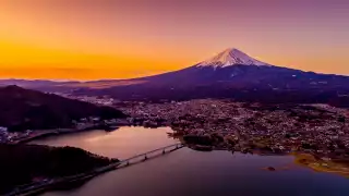 Japan Rugby World Cup 2019: Mount Fuji, reflected in lake Kawaguchi, Japan