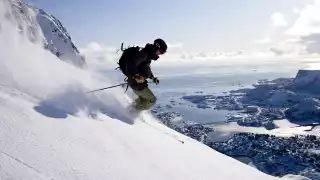 Skiing on the Lofoten Islands involves strenuous climbs to reach slopes