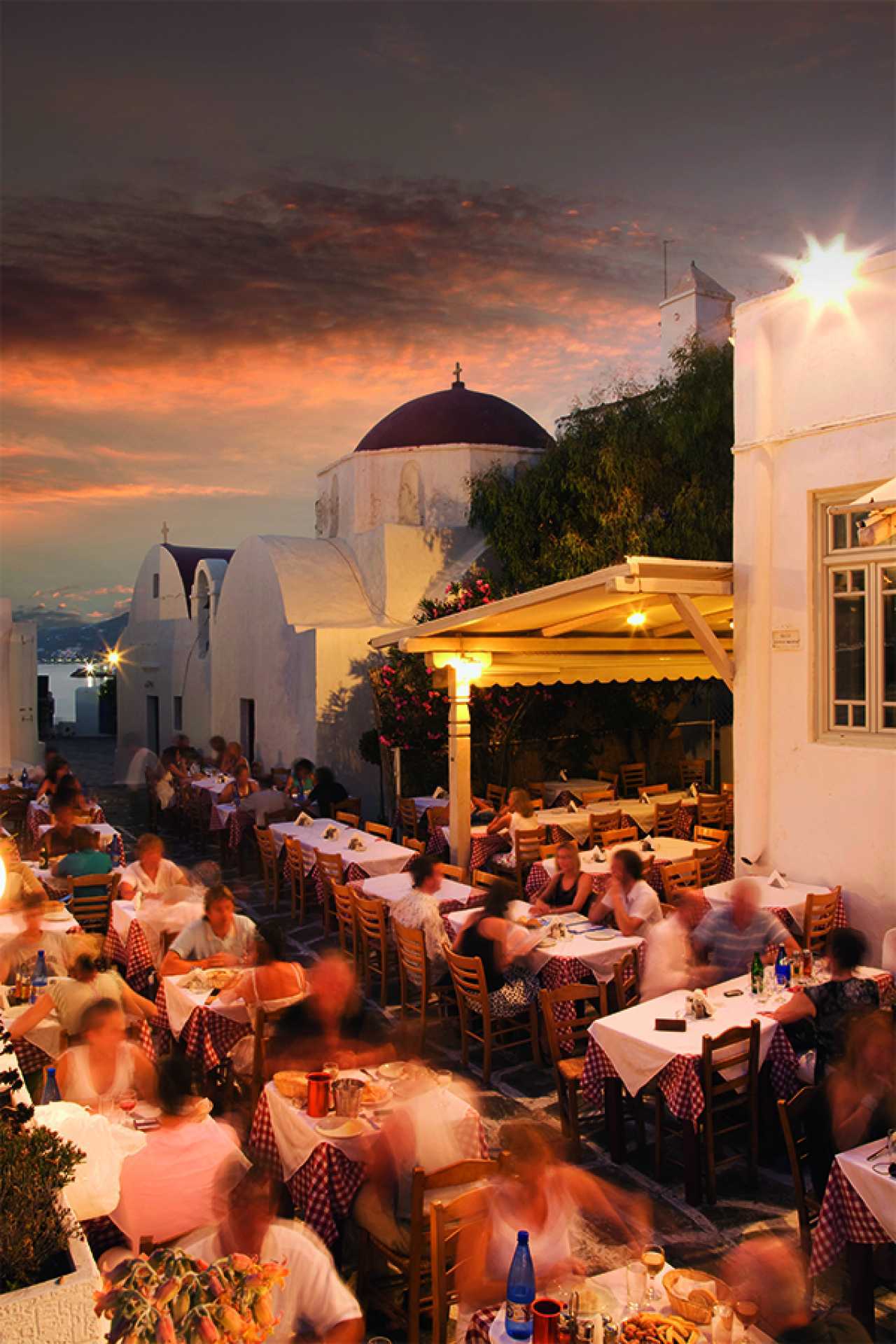 Terrace restaurant in Mykonos, Greece