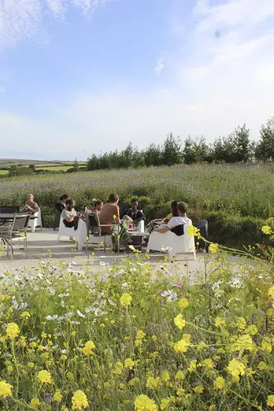 Drinking on the terrace at Trevibban Mill in Cornwall