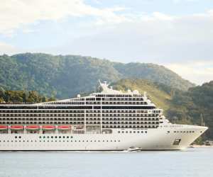 Cruise ship in front of an island