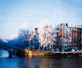 Corner Amstel and Prinsengracht on a cold winter morning. Amsterdam, Netherlands