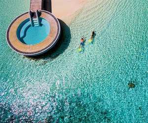 Aerial view of Huvafen Fushi resort, Maldives