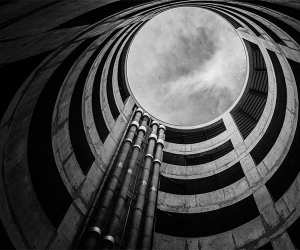 View of sky from inside a multi-storey carpark in the City of London