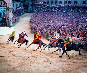 Riders at the Il Palio race in Siena, Italy