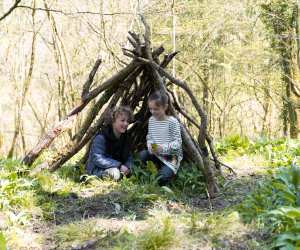 A family playing in the woods at The Mole Resort