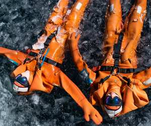 Nordic-inspired ice-floating in insulated dry suits on Lac de l'Ouillette