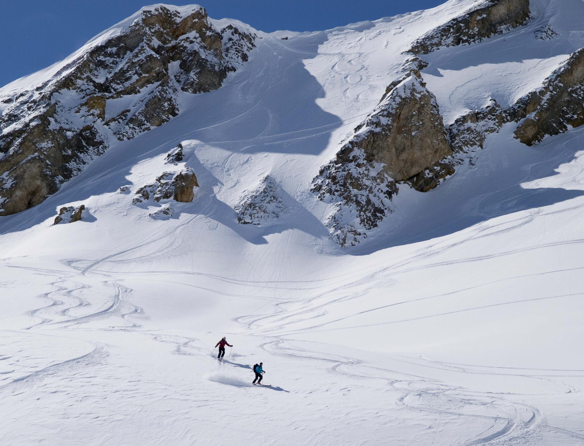 Making fresh tracks on skis in the Maurienne Valley, France Making fresh tracks on skis in the Maurienne Valley, France