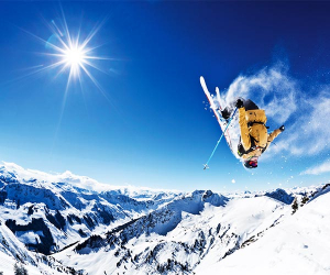 Backflipping skiier in Skicircus, Austria