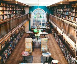 Shelves of books at Daunt Books in London