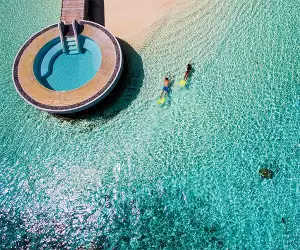 Aerial view of Huvafen Fushi resort, Maldives