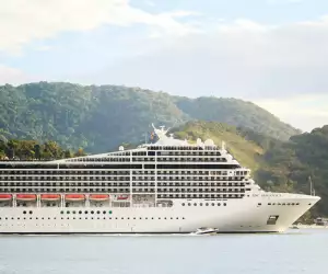 Cruise ship in front of an island