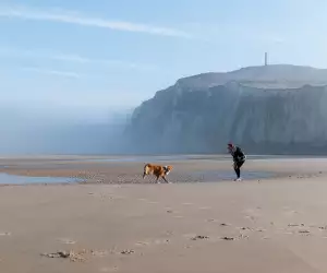 Richards and her dog Mimolette play together in front of Cap Blanc-Nez